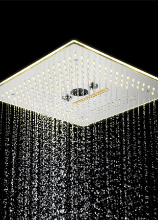 16 inch Brushed nickel Flushed mount rainfall waterfall mist hydro-water massage 64 LED light bluetooth music shower systems 5 way digital display thermostatic shower faucet