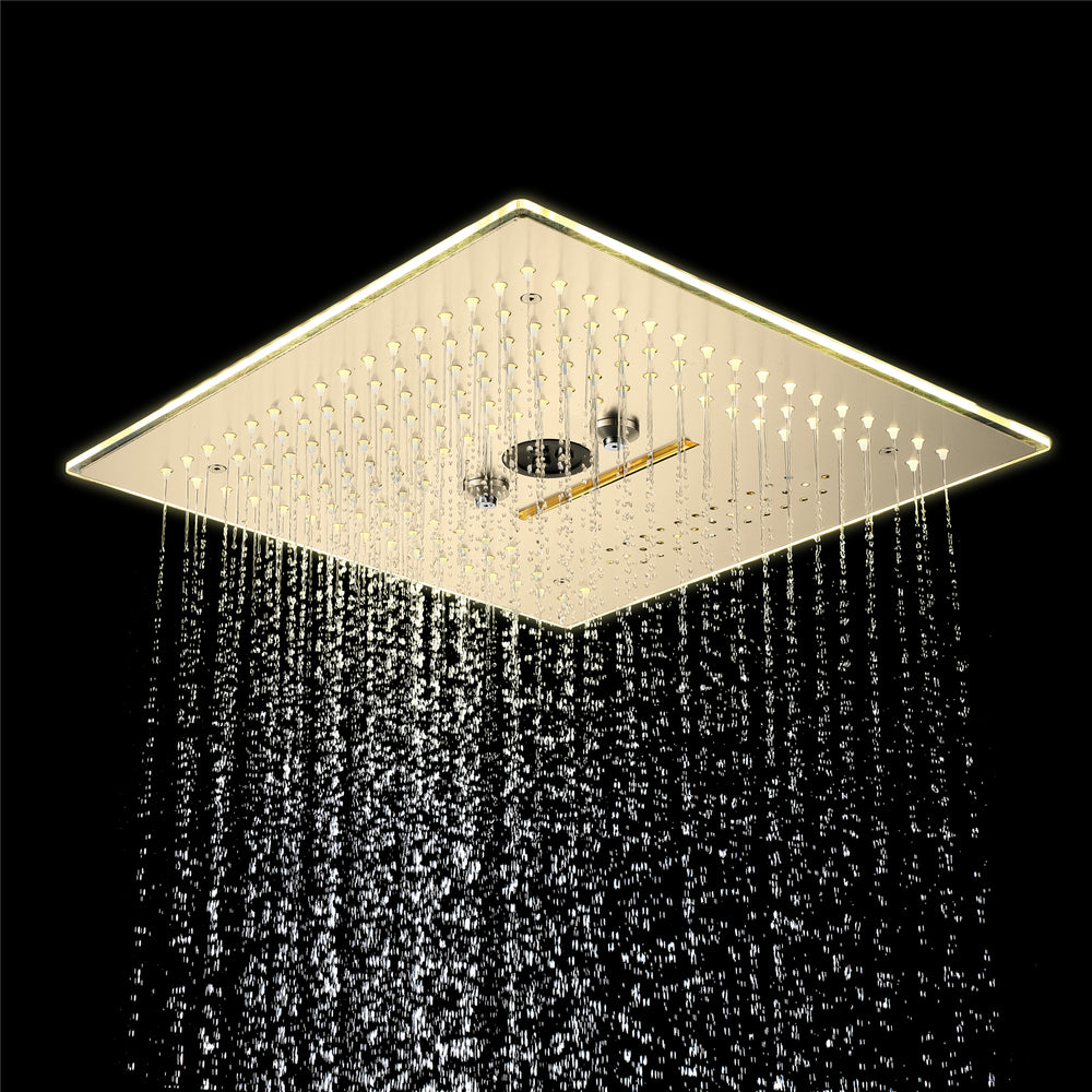 
                  
                    Brushed gold flushed on 16 inch rainfall waterfall mist hydro-water massage 64 LED light Bluetooth Music shower head 5 way digital display shower faucet
                  
                