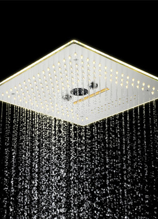 Brushed nickel  16'' x 16'' music 64 LED light rainfall waterfall mist 360 Degrees rotating hydro jet stainless shower head flushed mounted 3 way digital thermostatic shower system