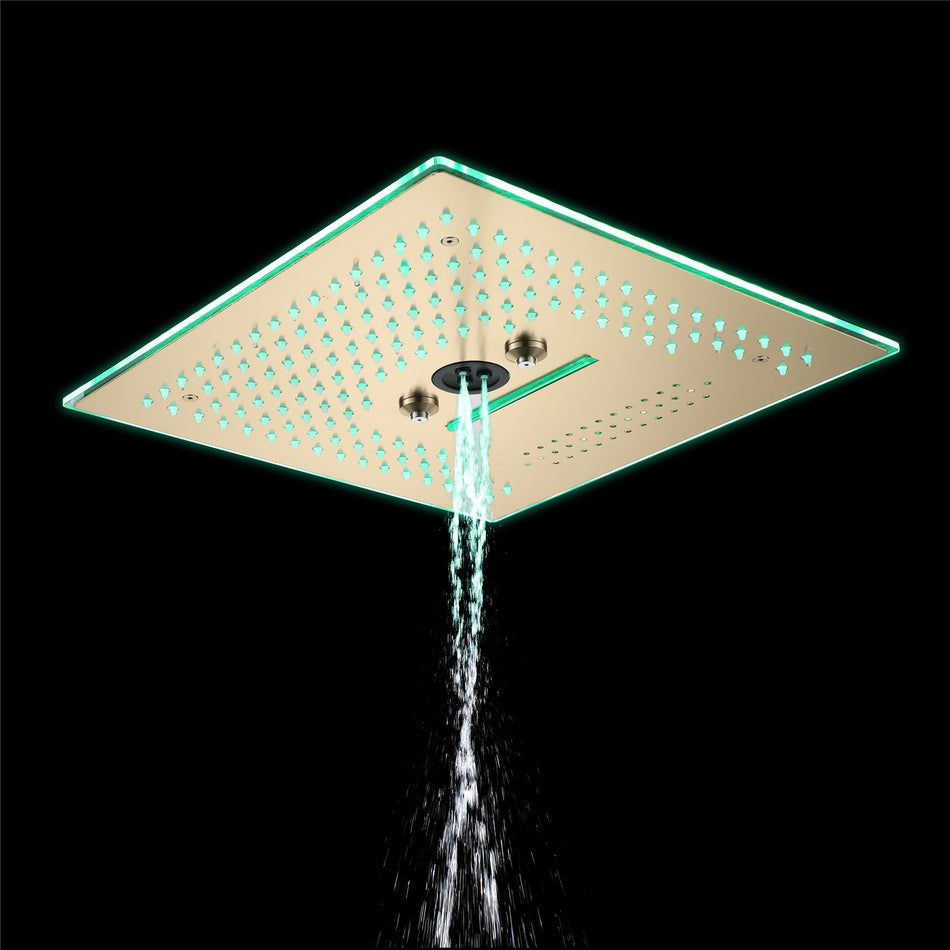 Brushed gold 16'' x 16'' music 64 LED light rainfall waterfall mist 360 Degrees rotating hydro jet stainless shower head flushed mounted
