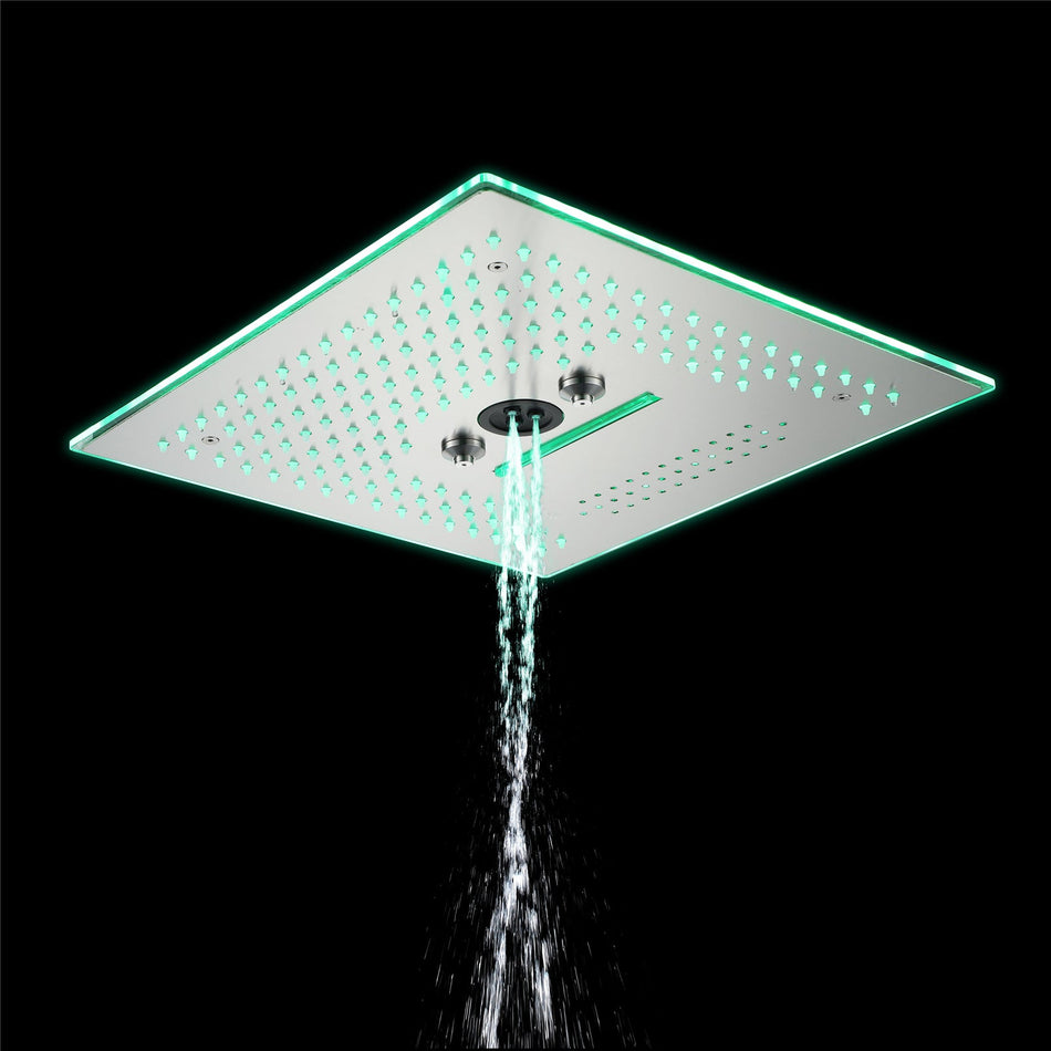 Brushed nickel  16'' x 16'' music 64 LED light rainfall waterfall mist 360 Degrees rotating hydro jet stainless shower head flushed mounted 3 way digital thermostatic shower system