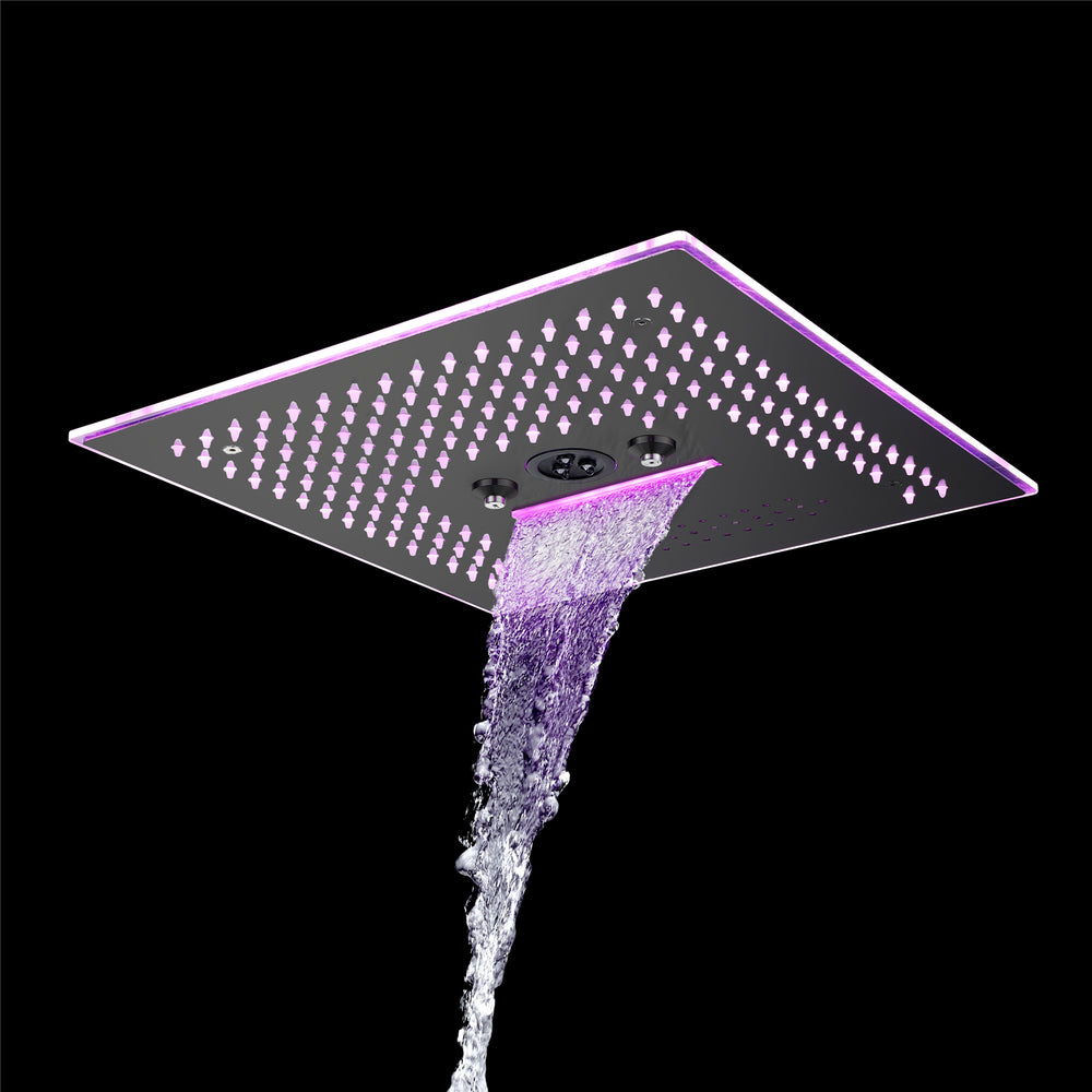 
                  
                    Matte Black  16'' x 16'' music 64 LED light rainfall waterfall mist 360 Degrees rotating hydro jet stainless shower head flushed mounted
                  
                