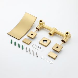 
                  
                    Brushed Gold waterfall Wall mount 3 holes two handles bathroom sink faucet with brass pop up overflow drain
                  
                