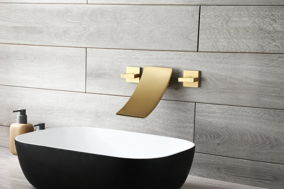 Brushed Gold waterfall Wall mount 3 holes two handles bathroom sink faucet with brass pop up overflow drain