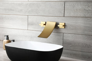 
                  
                    Brushed Gold waterfall Wall mount 3 holes two handles bathroom sink faucet with brass pop up overflow drain
                  
                