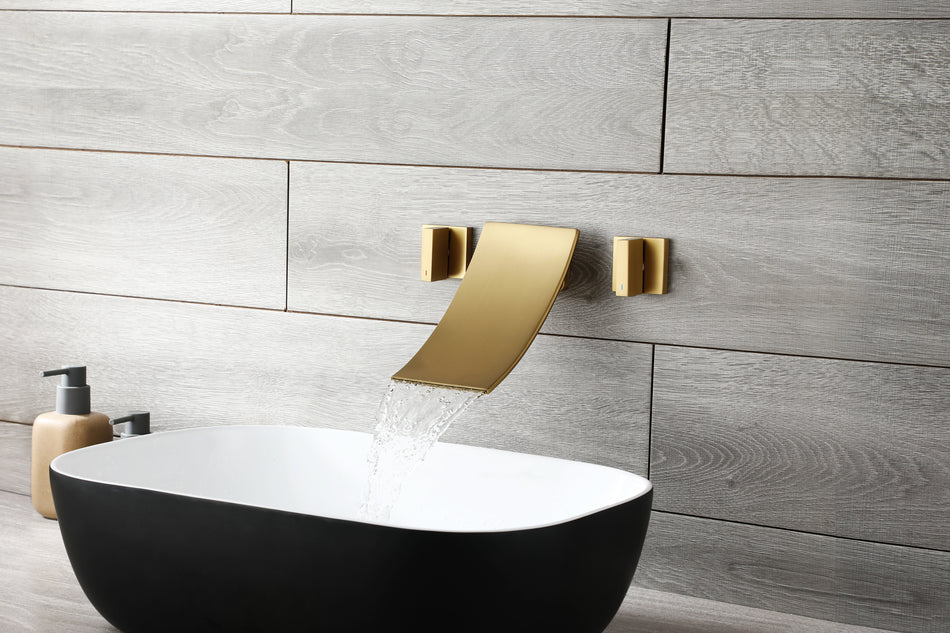 Brushed Gold waterfall Wall mount 3 holes two handles bathroom sink faucet with brass pop up overflow drain