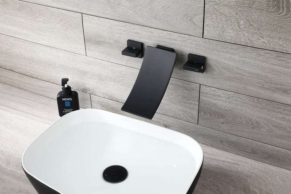 matte black waterfall wall mount bathroom sink faucet with overflow brass pop up drain