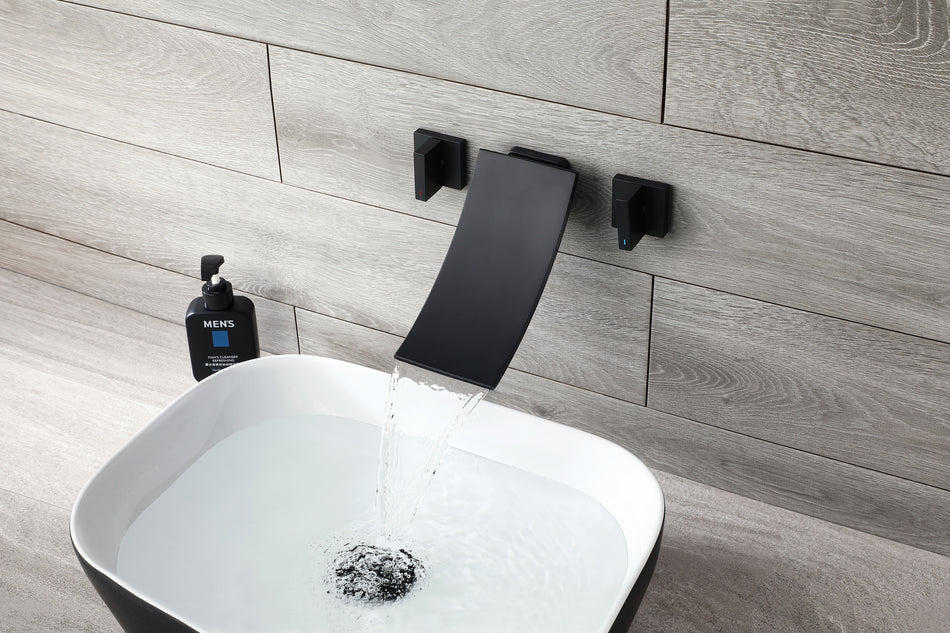 matte black waterfall wall mount bathroom sink faucet with overflow brass pop up drain