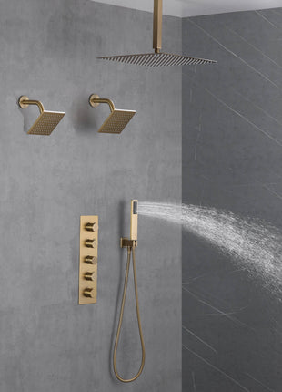 Brushed Gold 4 Function Thermostatic Faucet Set with Ceiling 12" or 16'' Rain Shower Head, High Pressure 6" and Handheld Spray