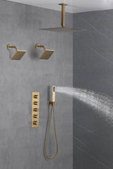 Brushed Gold 4 Function Thermostatic Faucet Set with Ceiling 12" or 16'' Rain Shower Head, High Pressure 6" and Handheld Spray