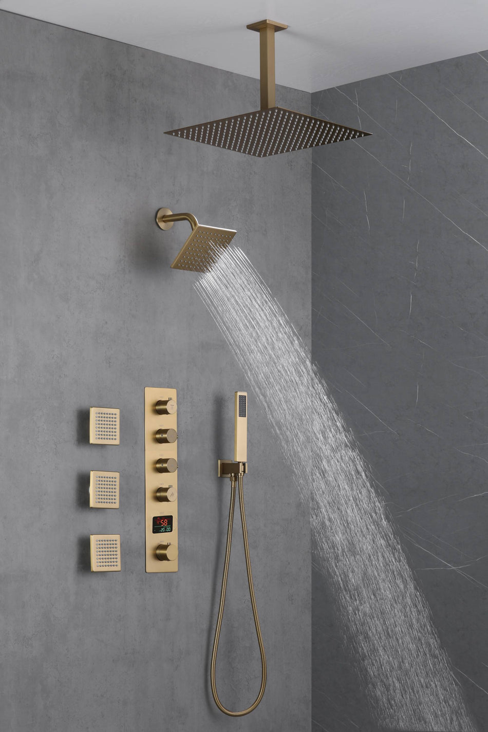Brushed Gold 4 Function Thermostatic Faucet Set with Ceiling 12" or 16'' Rain Shower Head, High Pressure 6", Body Jets and Handheld Spray