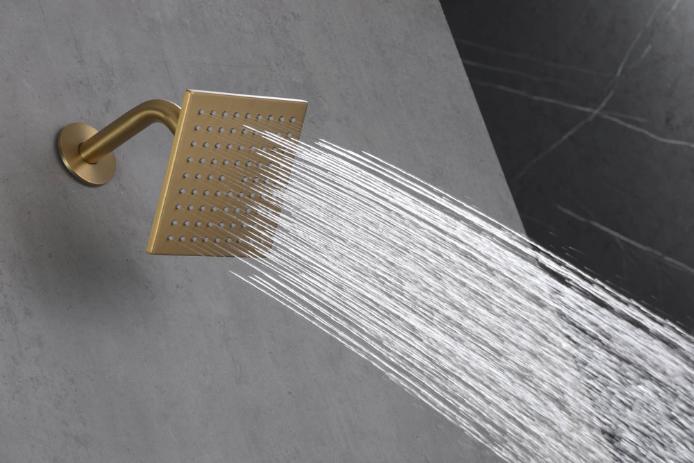 
                  
                    Brushed Gold dual Regular high pressure shower head 3 way thermostatic valve shower heads systems each function work at the same time and separately
                  
                