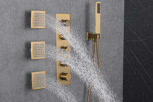 
                  
                    Brushed gold flush mounted 20 inch rainfall 64 LED light Bluetooth Music shower head 4 way digital display shower faucet with body jets and regular head
                  
                