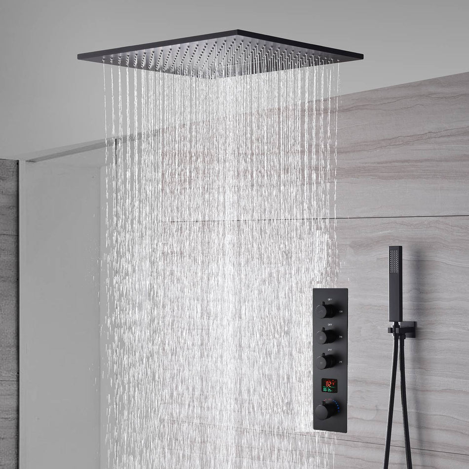 20inch matte black ceiling mount rainfall waterfall shower systems 3 way digital display thermostatic valve with 6 body jets