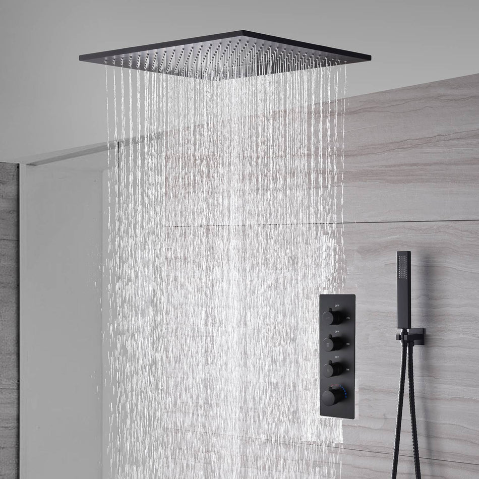 20inch matte black ceiling mount rainfall waterfall shower systems 3 way digital display thermostatic valve with 6 body jets