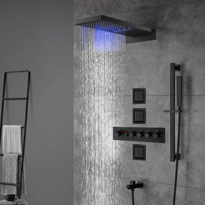 
                  
                    22inch rainfall and waterfall matte black 4 Way digital Thermostatic Shower Faucet with 4inch Body Jet
                  
                