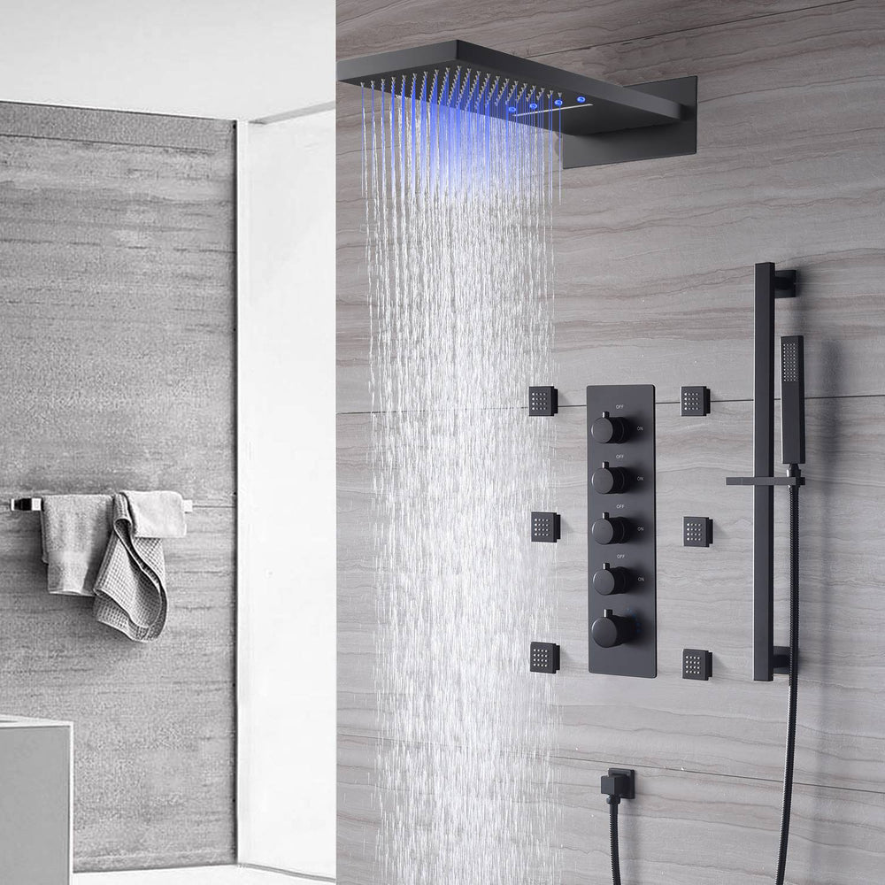 Matte Black 22 Inch Rainfall Waterfall Shower Head 4 Way Thermostatic Shower Faucet Set with Slide Bar and Body Jets Each Function Work All Together and Separately