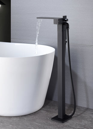Waterfall Matte Black Freestanding Single Handle Bathtub Faucet with Handheld Sprayer