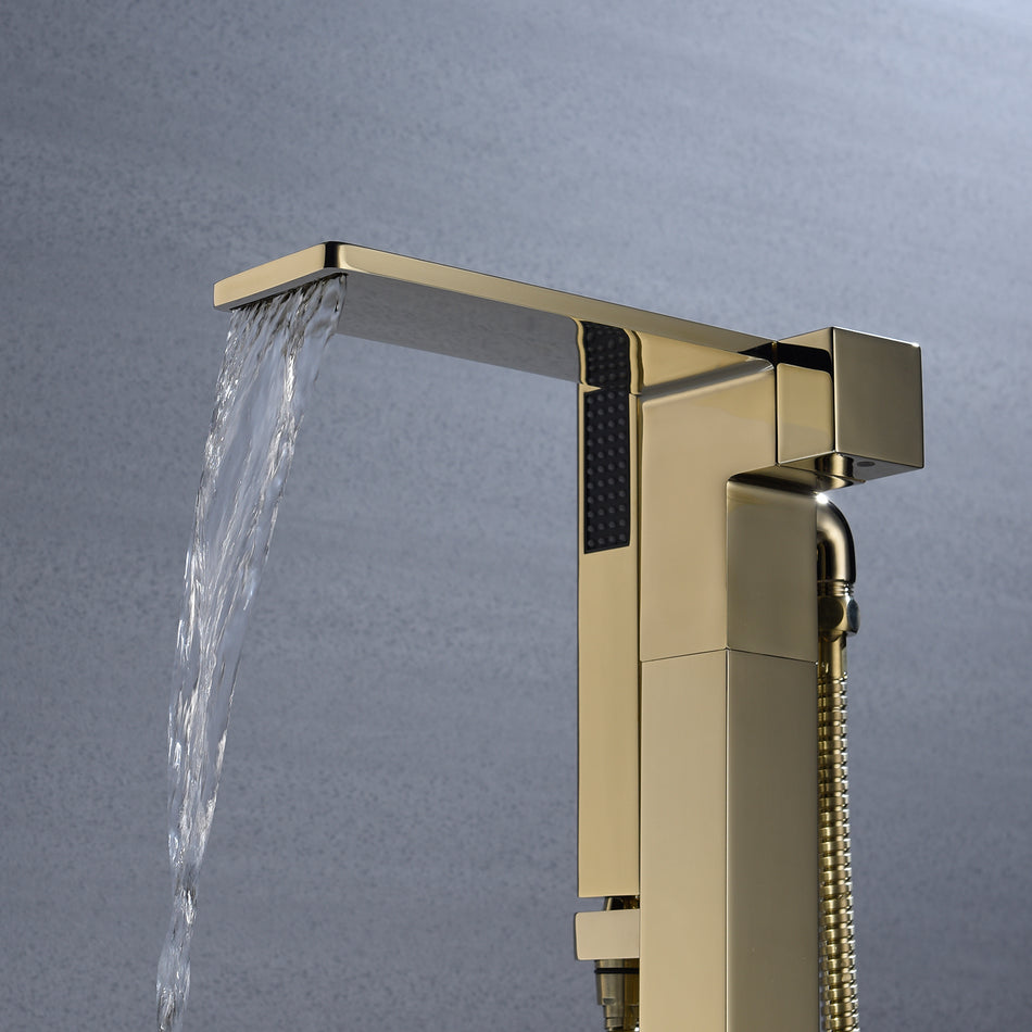 Waterfall Brushed Gold Finish Single Handle Floor Mount Freestanding Tub Filler Faucet with Hand Shower
