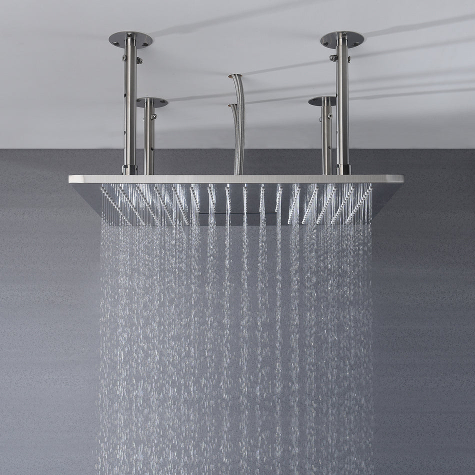 20 inch Brushed nickel ceiling mount rainfall waterfall or rainfall mist shower systems 3 way thermostatic valve