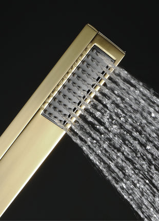 Brushed Gold 20 Inch Flushed Ceiling Mount Rainfall Waterfall Mist 64 LED Light Bluetooth Music Shower Head 6 Way Digital display Thermostatic Shower Faucet Set with Body Jets and regular head