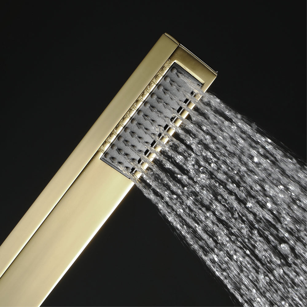 
                  
                    Brushed Gold 20 Inch Flushed Ceiling Mount Rainfall Waterfall Mist 64 LED Light Bluetooth Music Shower Head 6 Way Digital display Thermostatic Shower Faucet Set with Body Jets and regular head
                  
                