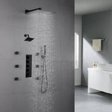 Matte Black Wall Mount 12 inch or 16 Inch Rainfall Shower Head Wall Mount 6 Inch High Water Pressure Regular Shower Head 4 Way Thermostatic Shower Faucet Set with Body Jets