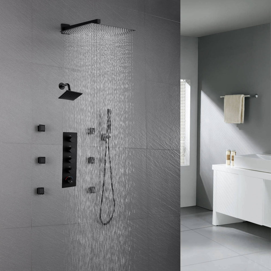 Matte Black Wall Mount 12 inch or 16 Inch Rainfall Shower Head Wall Mount 6 Inch High Water Pressure Regular Shower Head 4 Way Thermostatic Shower Faucet Set with Body Jets