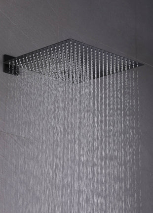 Matte Black Wall Mount 12 inch or 16 Inch Rainfall Shower Head Wall Mount 6 Inch High Water Pressure Regular Shower Head 4 Way Thermostatic Shower Faucet Set with Body Jets