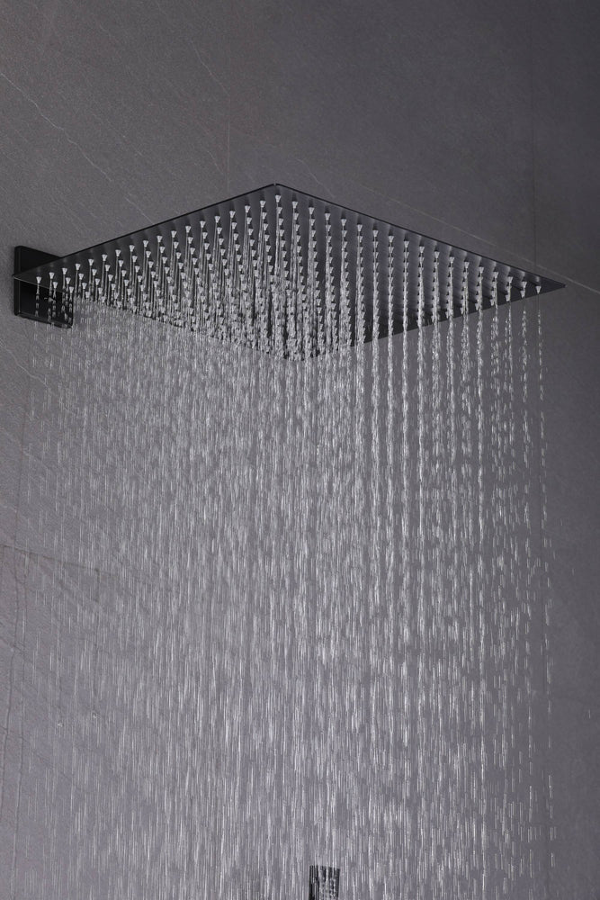 
                  
                    Matte Black Wall Mount 12 inch or 16 Inch Rainfall Shower Head Wall Mount 6 Inch High Water Pressure Regular Shower Head 4 Way Thermostatic Shower Faucet Set with Body Jets
                  
                