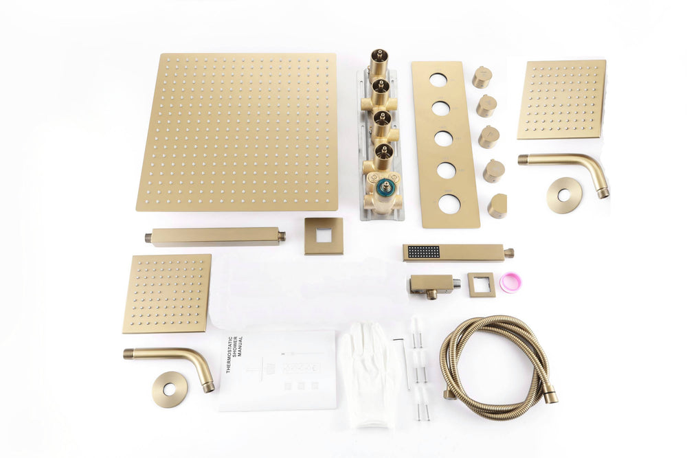 
                  
                    Brushed Gold 4 Function Thermostatic Faucet Set with Ceiling 12" or 16'' Rain Shower Head, High Pressure 6" and Handheld Spray
                  
                