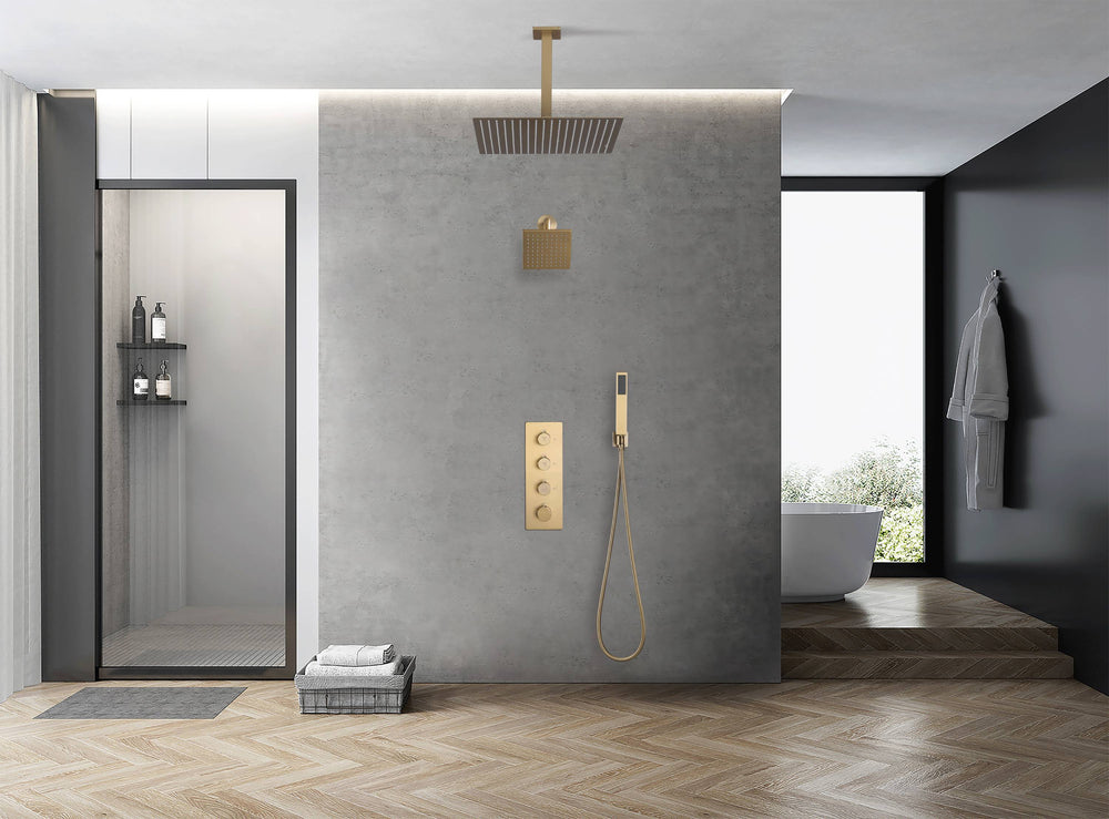 
                  
                    Brushed Gold rainfall shower head high pressure shower head 3 way thermostatic valve shower heads systems each function work at the same time and separately
                  
                