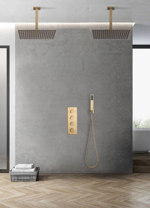 Brushed Gold Dual rainfall shower head high pressure shower head 3 way thermostatic valve shower heads systems each function work at the same time and separately