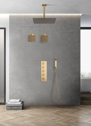 Brushed Gold 4 Function Thermostatic Faucet Set with Ceiling 12" or 16'' Rain Shower Head, High Pressure 6" and Handheld Spray