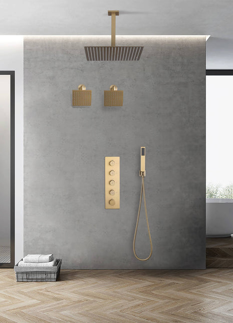 Brushed Gold 4 Function Thermostatic Faucet Set with Ceiling 12" or 16'' Rain Shower Head, High Pressure 6" and Handheld Spray