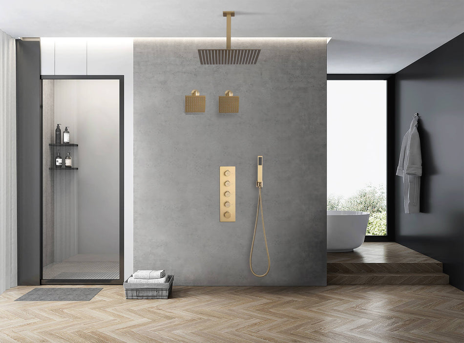 Brushed Gold 4 Function Thermostatic Faucet Set with Ceiling 12" or 16'' Rain Shower Head, High Pressure 6" and Handheld Spray