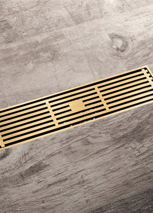 12 Inch Shower Linear Brushed Gold Drain Rectangular Floor Drain with Accessories Square Hole Pattern Cover Grate Removable Brushed Gold Brass