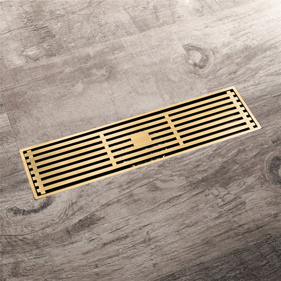 12 Inch Shower Linear Brushed Gold Drain Rectangular Floor Drain with Accessories Square Hole Pattern Cover Grate Removable Brushed Gold Brass