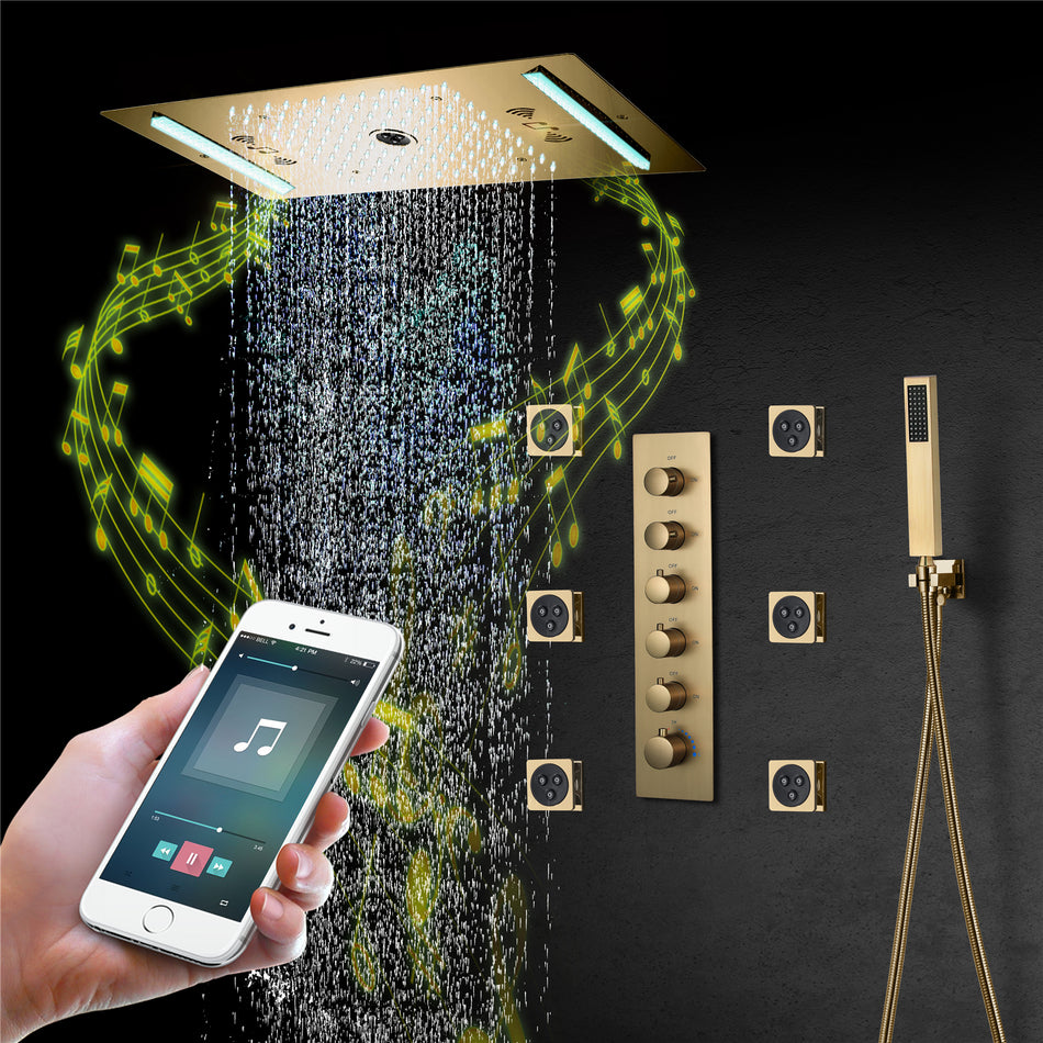 64 LED colors music led flushed in 24x12 inch 3 functions shower head 5 way thermostatic shower faucet with rotate-water massage body jets,4 finish colors options