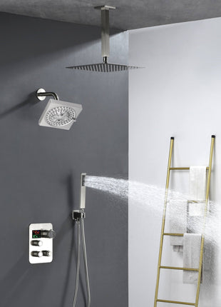 wall mount 6inch regular high water pressure shower head ceiling mount 16 inch or 12 inch rainfall shower head 3 way Digital Display thermostatic shower system