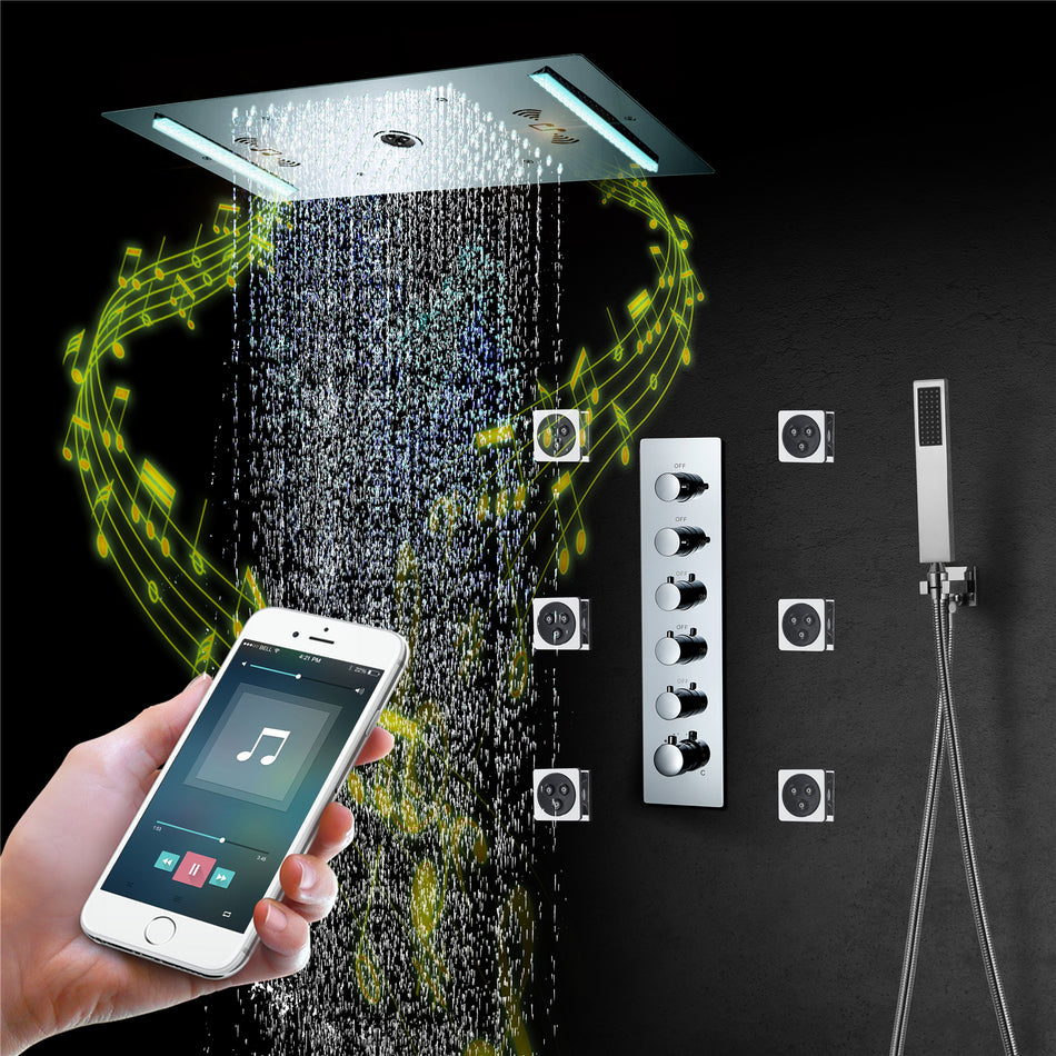 64 LED colors music led flushed in 24x12 inch 3 functions shower head 5 way thermostatic shower faucet with rotate-water massage body jets,4 finish colors options