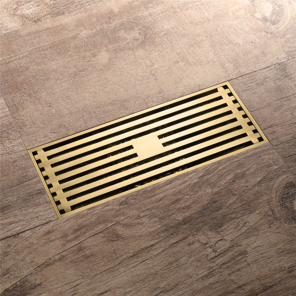 8 Inch Shower Linear Brushed Gold Drain Rectangular Floor Drain with Accessories Square Hole Pattern Cover Grate Removable Brushed Gold Brass