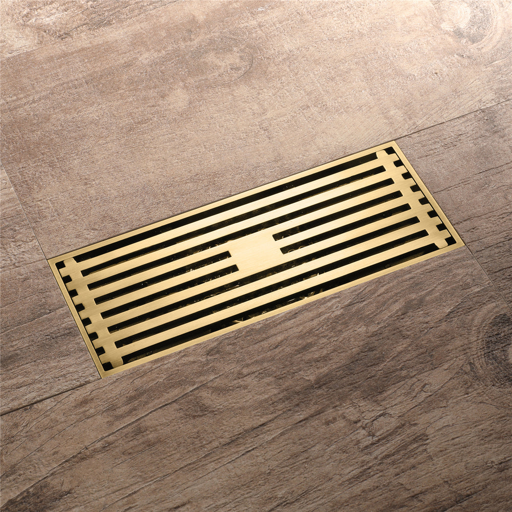 
                  
                    8 Inch Shower Linear Brushed Gold Drain Rectangular Floor Drain with Accessories Square Hole Pattern Cover Grate Removable Brushed Gold Brass
                  
                