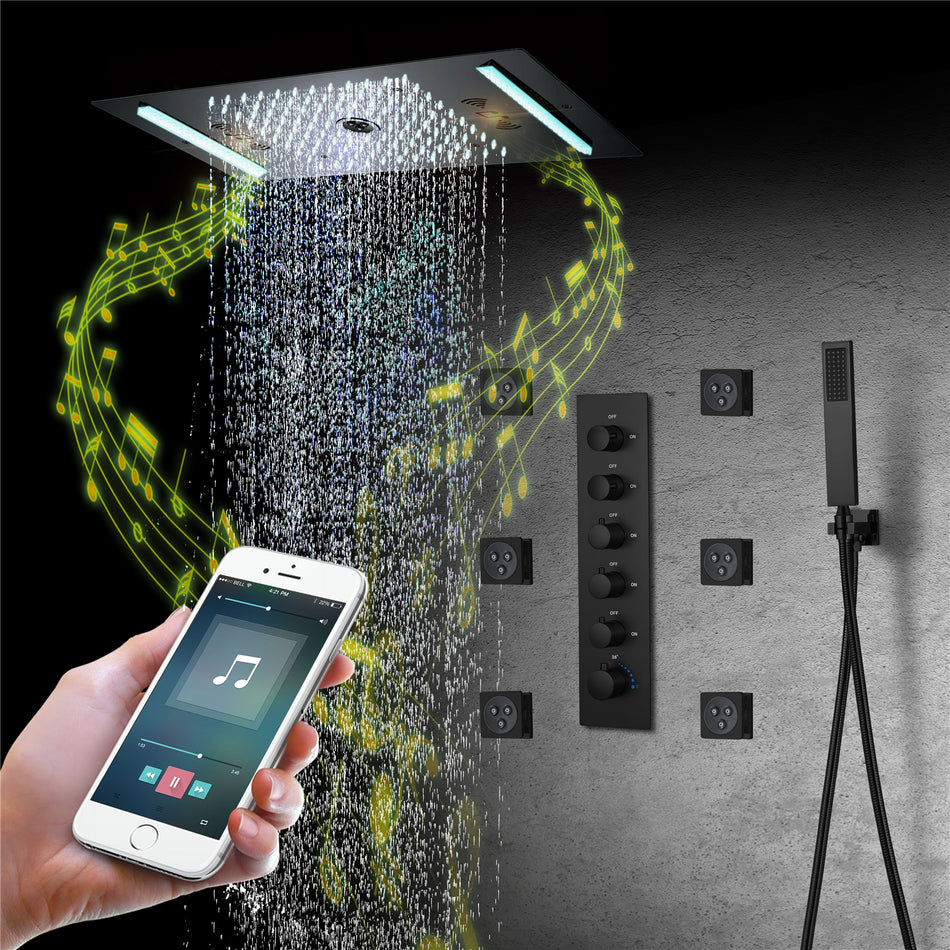 64 LED colors music led flushed in 24x12 inch 3 functions shower head 5 way thermostatic shower faucet with rotate-water massage body jets,4 finish colors options