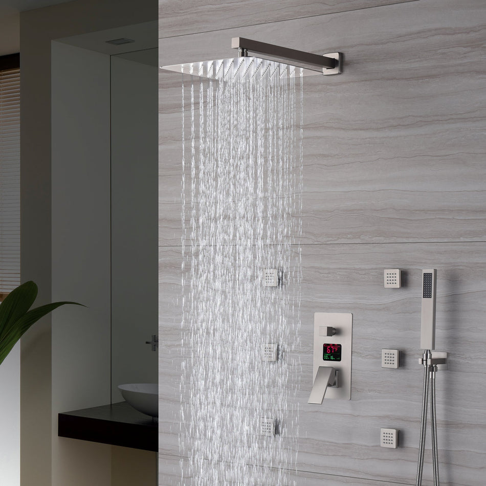 12 INCH or 16 INCH LED wall mounted 3 way Brushed Nickel pressure balance Digital display rain showers with 6 body jets