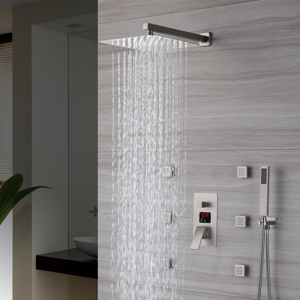 
                  
                    12 INCH or 16 INCH LED wall mounted 3 way Brushed Nickel pressure balance Digital display rain showers with 6 body jets
                  
                
