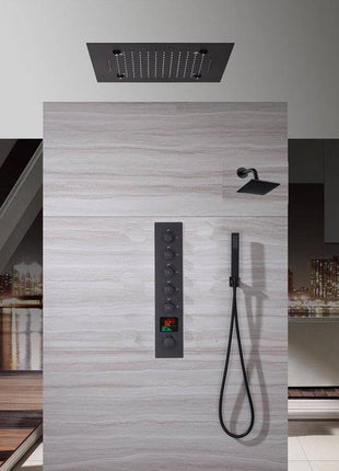 Bluetooth Music 64 LED colors 20 inch Matte Black flushed on rainfall waterfall mist shower systems 5 way thermostatic valve with 6 inch regular head and touch panel