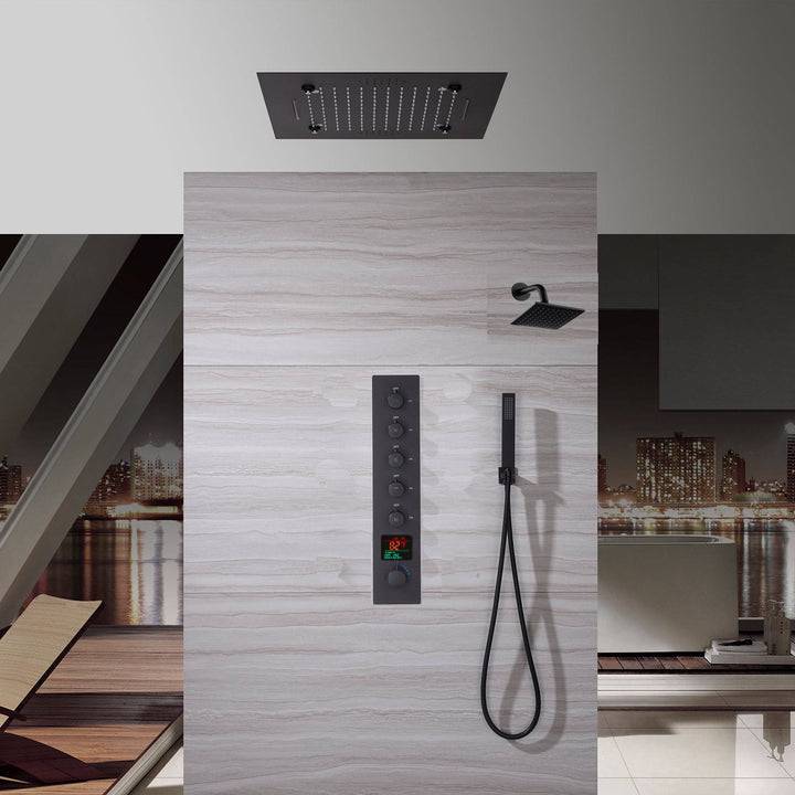 Bluetooth Music 64 LED colors 20 inch Matte Black flushed on rainfall waterfall mist shower systems 5 way thermostatic valve with 6 inch regular head and touch panel