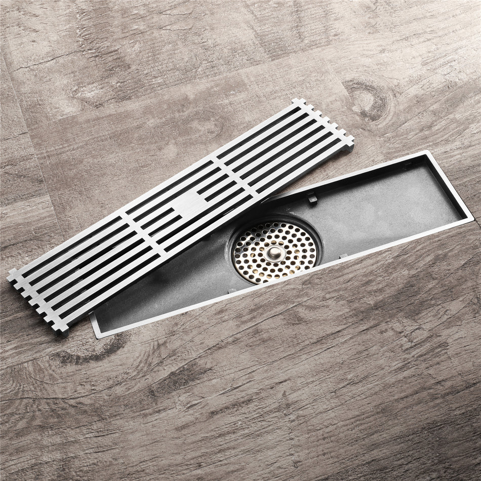 12 Inch Shower Linear Brushed Nickel Drain Rectangular Floor Drain with Accessories Square Hole Pattern Cover Grate Removable Brushed Nickel Brass