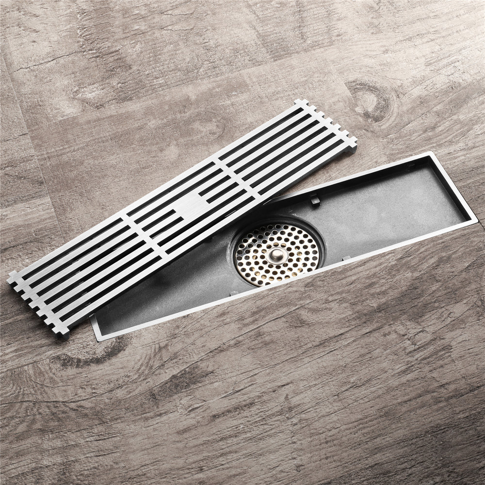 
                  
                    12 Inch Shower Linear Brushed Nickel Drain Rectangular Floor Drain with Accessories Square Hole Pattern Cover Grate Removable Brushed Nickel Brass
                  
                